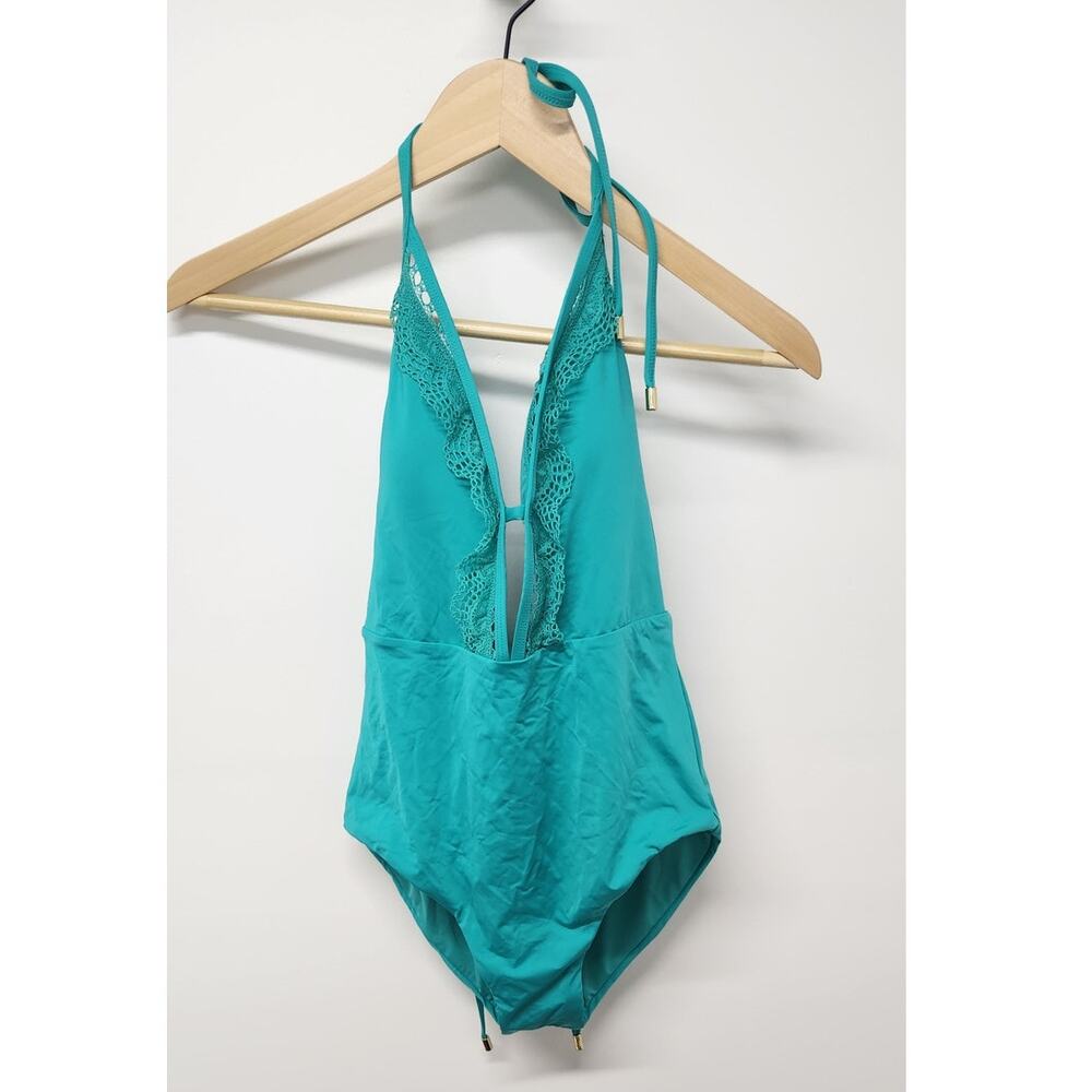 Laundry by Shelli Segal Lace Plunge One Piece Swimsuit, Size XS in Turquoise